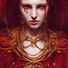 Regal woman with golden crown and tears of blood in red fabric sea