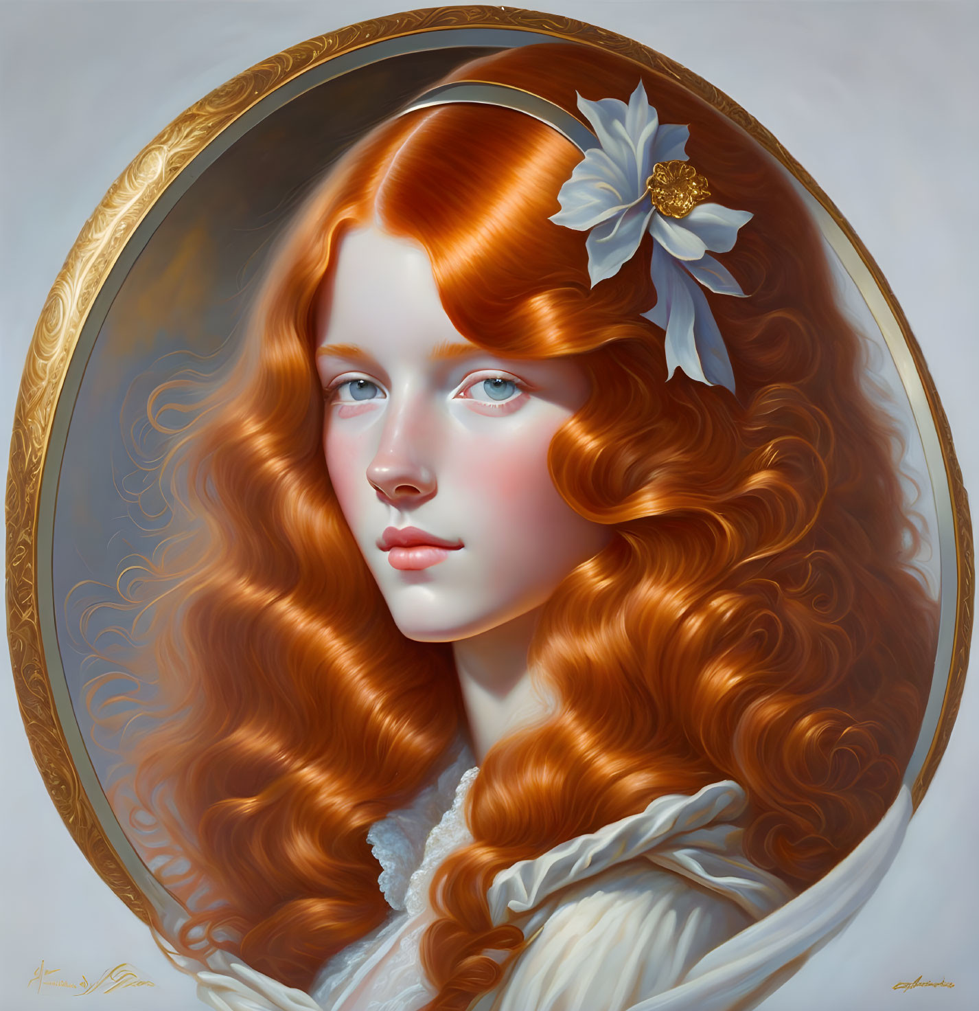 Detailed Painting of Woman with Red Hair and White Flower in Ornate Oval Frame