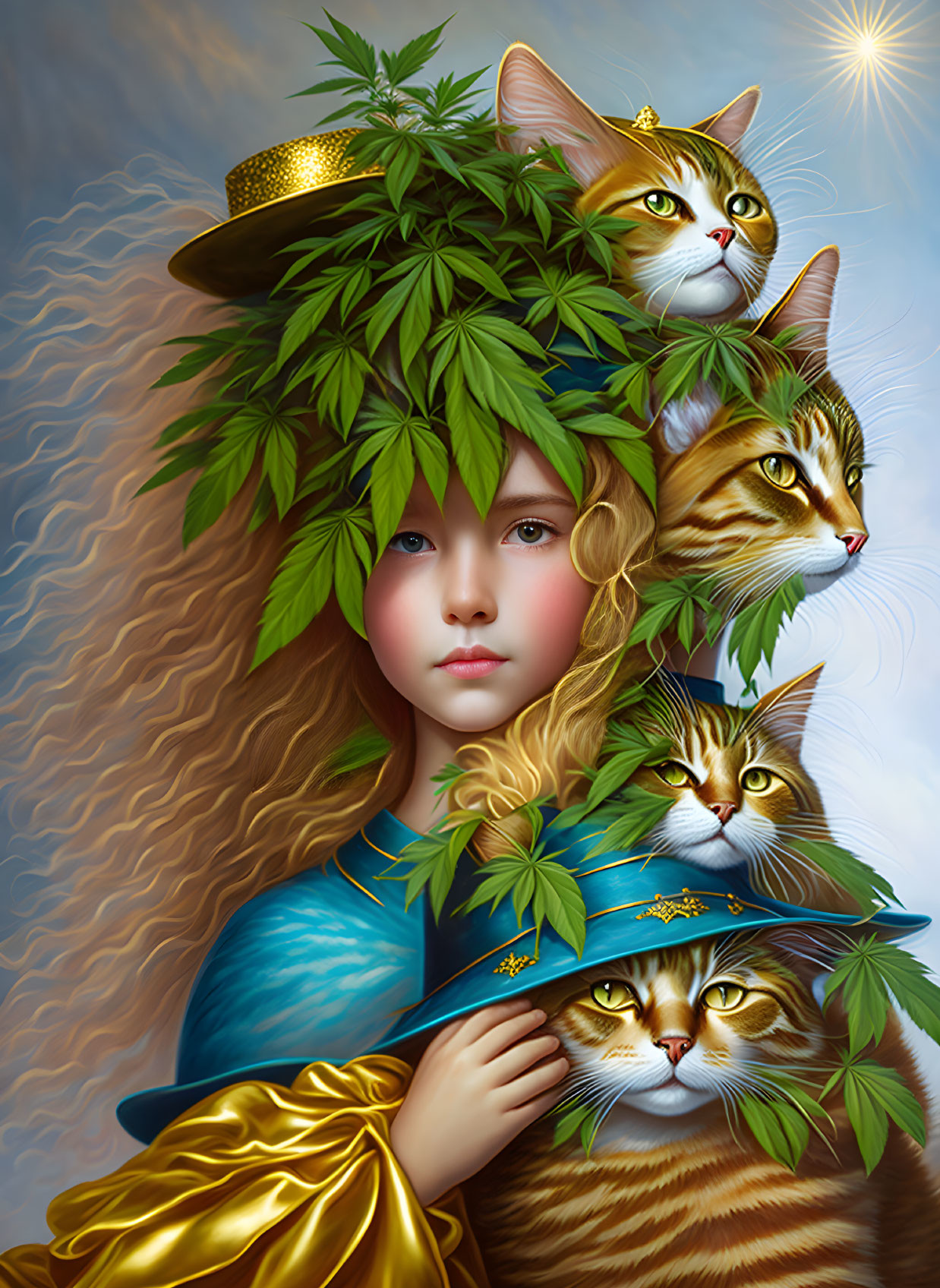 Illustration of girl with golden curls, blue attire, and four cats in lush green foliage.