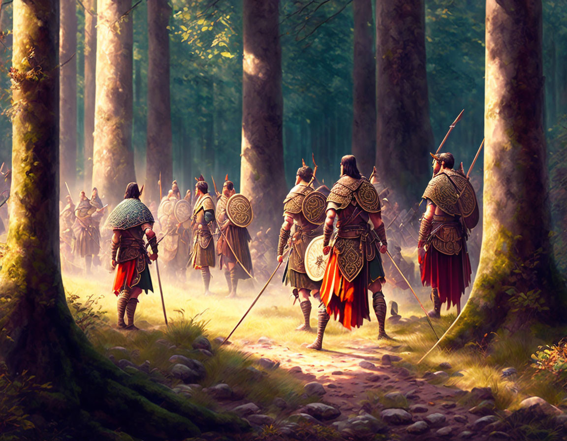 Armored medieval warriors in sunlit forest with shields and spears