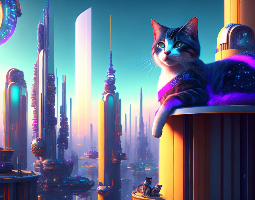 Vibrant digital art of cats in futuristic cityscape at sunset