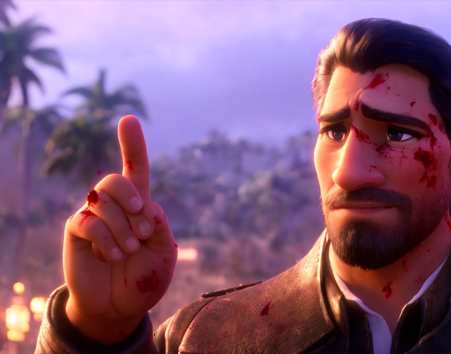 Solemn animated character with bloody finger in sunset palm tree scene