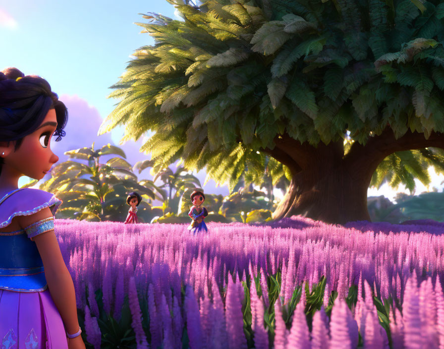 CG-animated image of character in purple dress with mini versions in field of purple flowers at sunset