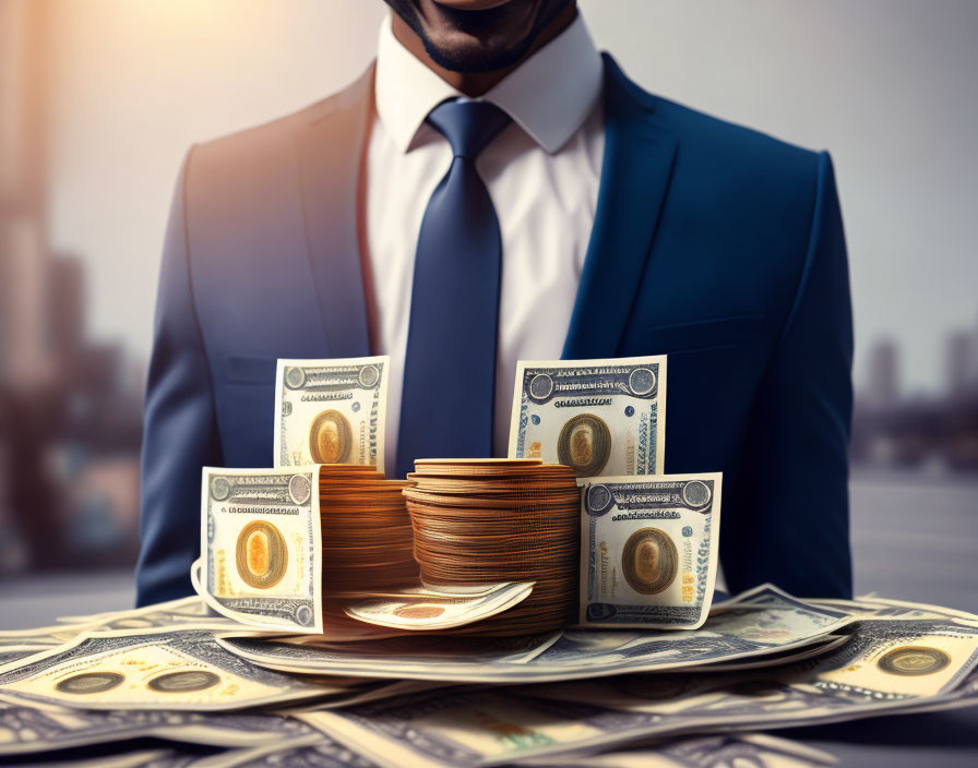 Businessperson with money stacks and US dollar bills on table