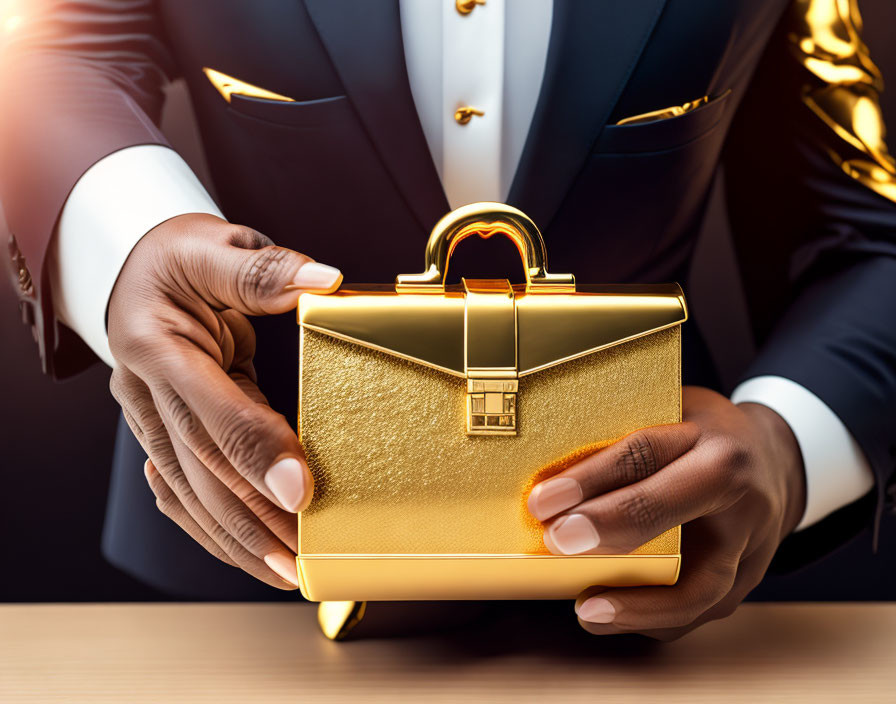 Formal person holds luxurious golden briefcase with prominent lock