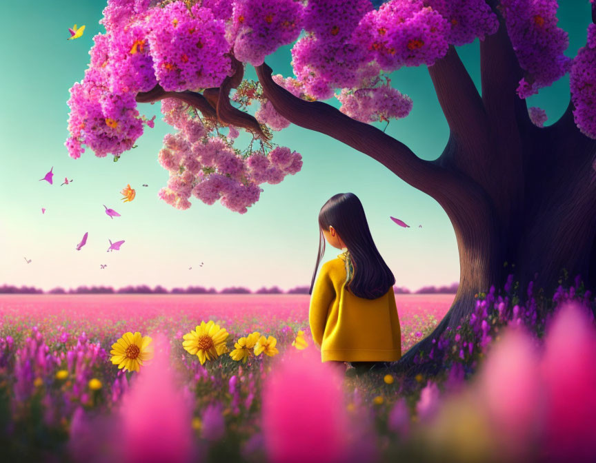 Girl in Yellow Coat Sitting Under Purple Tree Surrounded by Pink Flowers