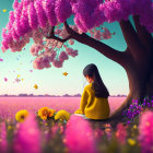 Girl in Yellow Coat Sitting Under Purple Tree Surrounded by Pink Flowers