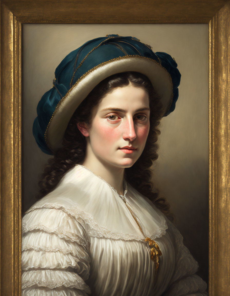 Woman in Blue Hat and White Dress Portrait with Rosy Cheeks