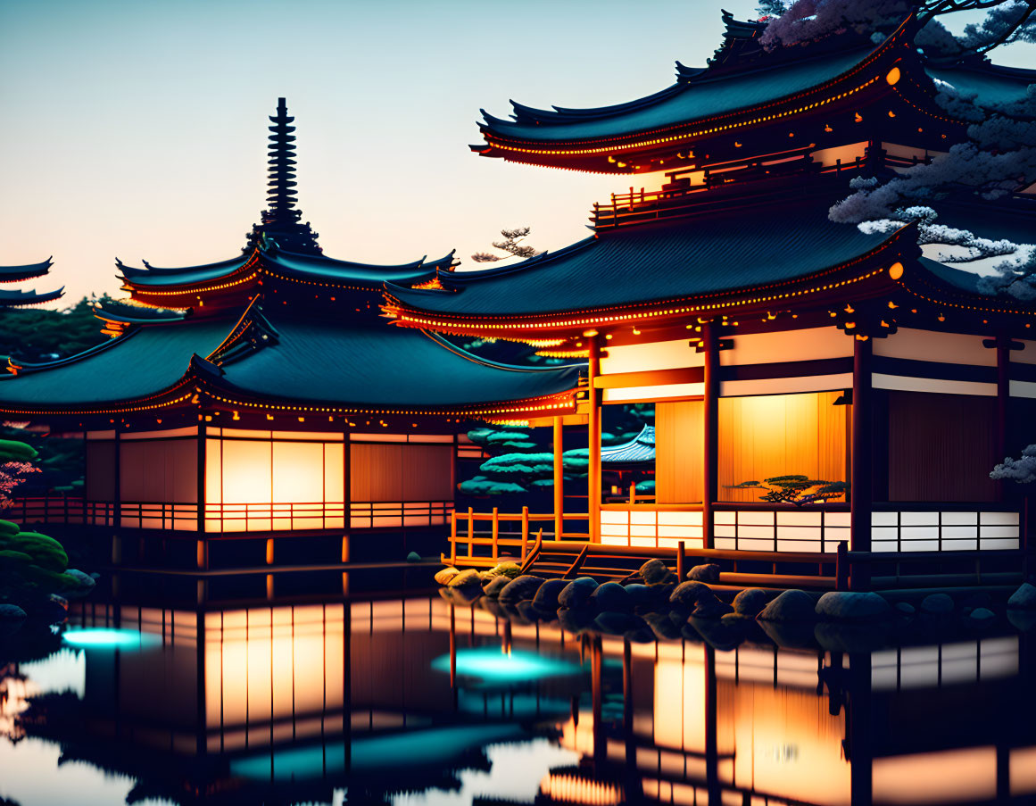 Japanese Temple Illuminated Lanterns Reflection in Water at Dusk