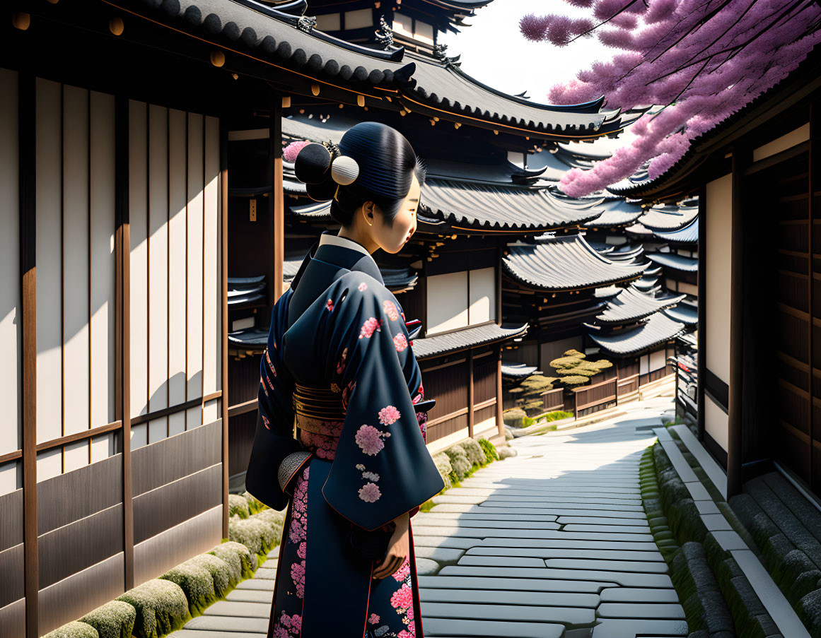 Traditional Japanese attire and cherry blossoms in serene temple courtyard.