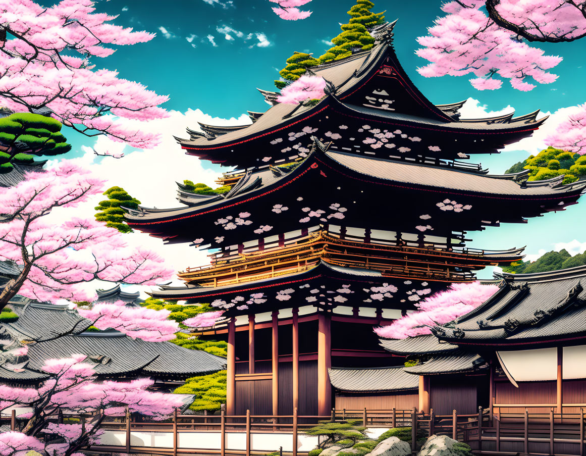 Japanese Pagoda with Cherry Blossoms in Clear Blue Sky