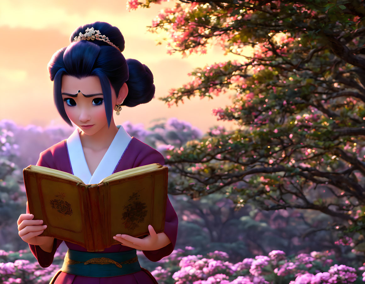 Young woman in traditional attire reading book among pink blooming trees at sunset