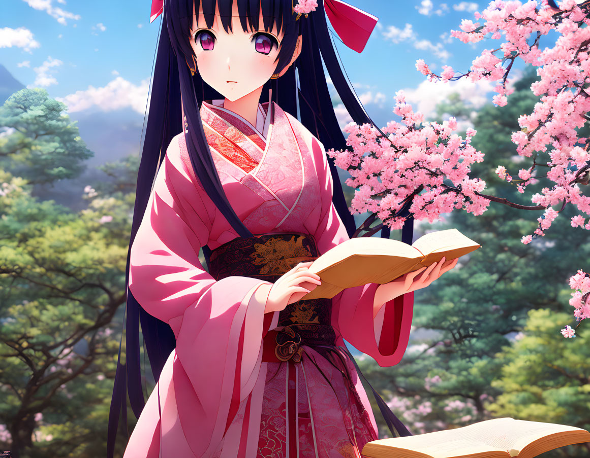 Girl with Long Black Hair Reading Book Under Cherry Blossom Trees in Pink Kimono