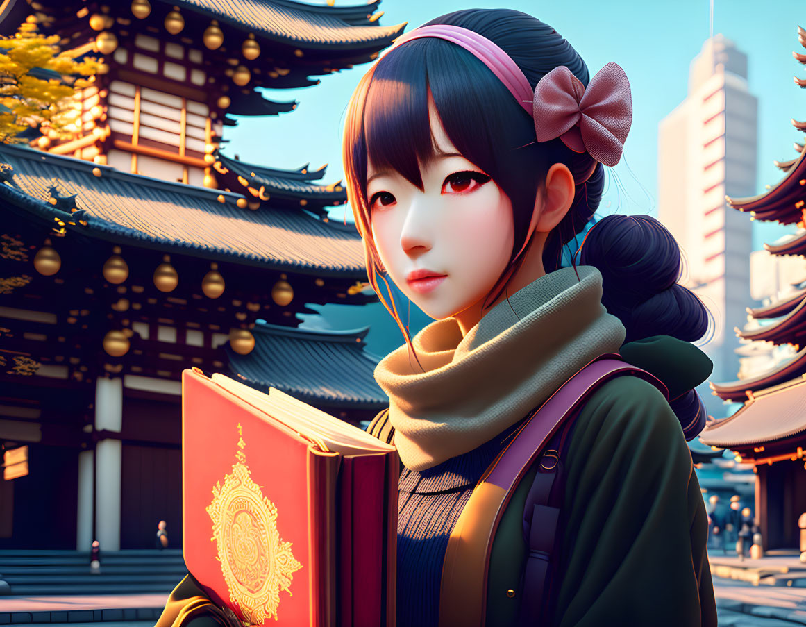 Digital illustration: Girl with bow reading book at temple