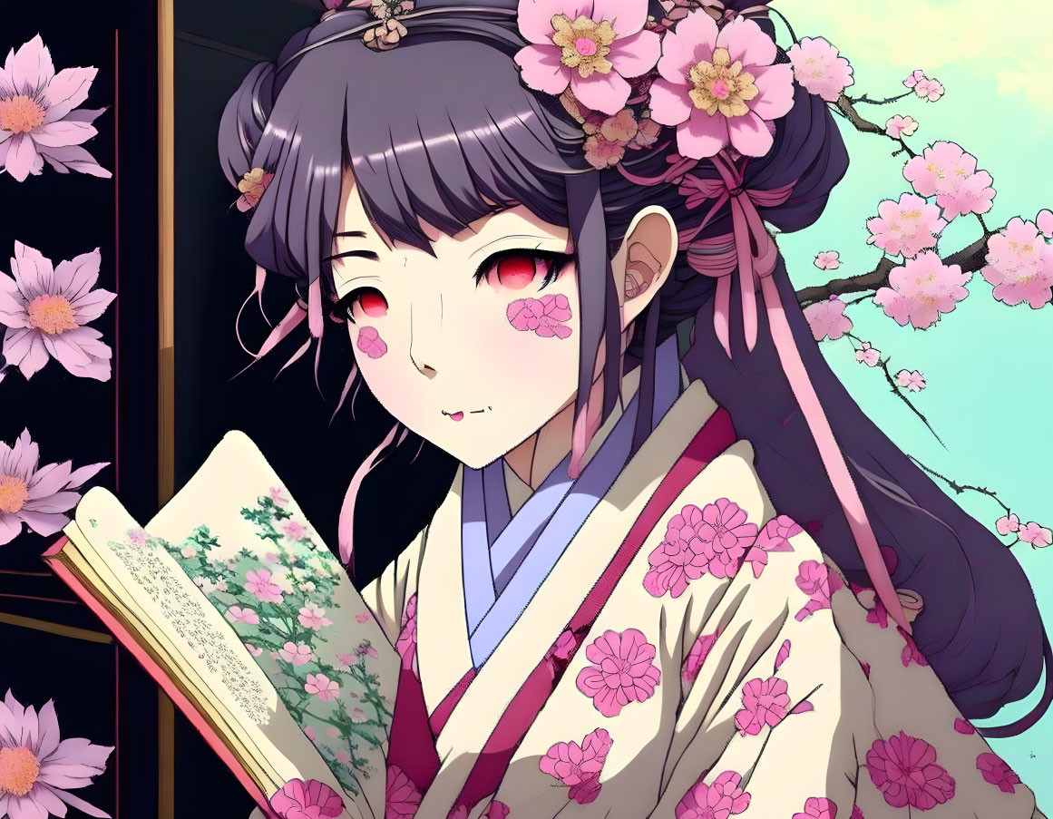 Girl with long dark hair and red eyes in kimono reading book among pink flowers on floral backdrop