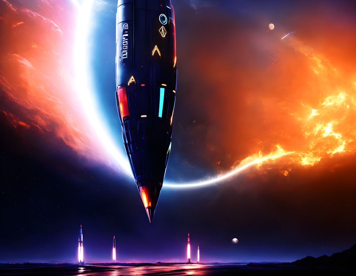 Futuristic spaceship on alien planet with red-orange sky