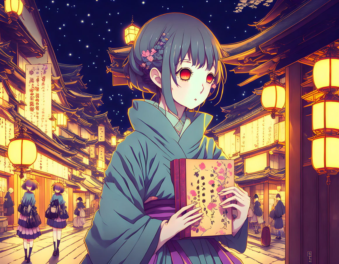 Anime-style illustration: Girl in green kimono on Japanese street at night