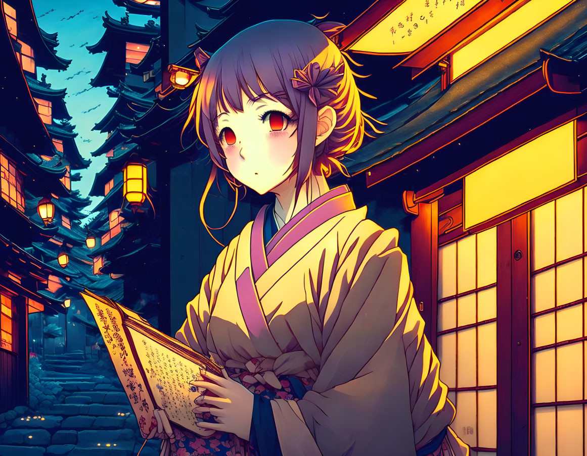 Young anime girl in traditional kimono with menu near paper lanterns