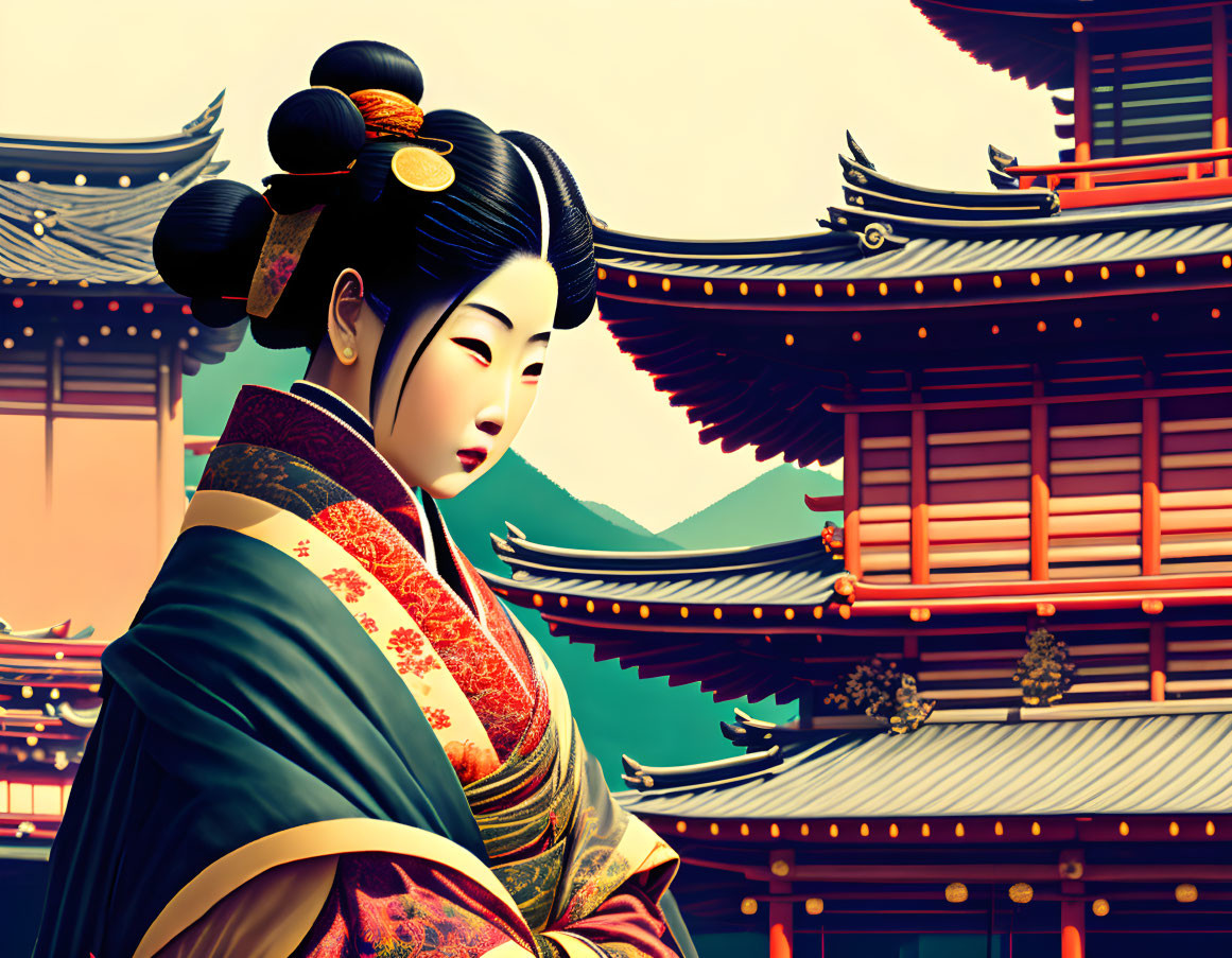 Traditional Geisha Illustration with Japanese Architecture and Mountains