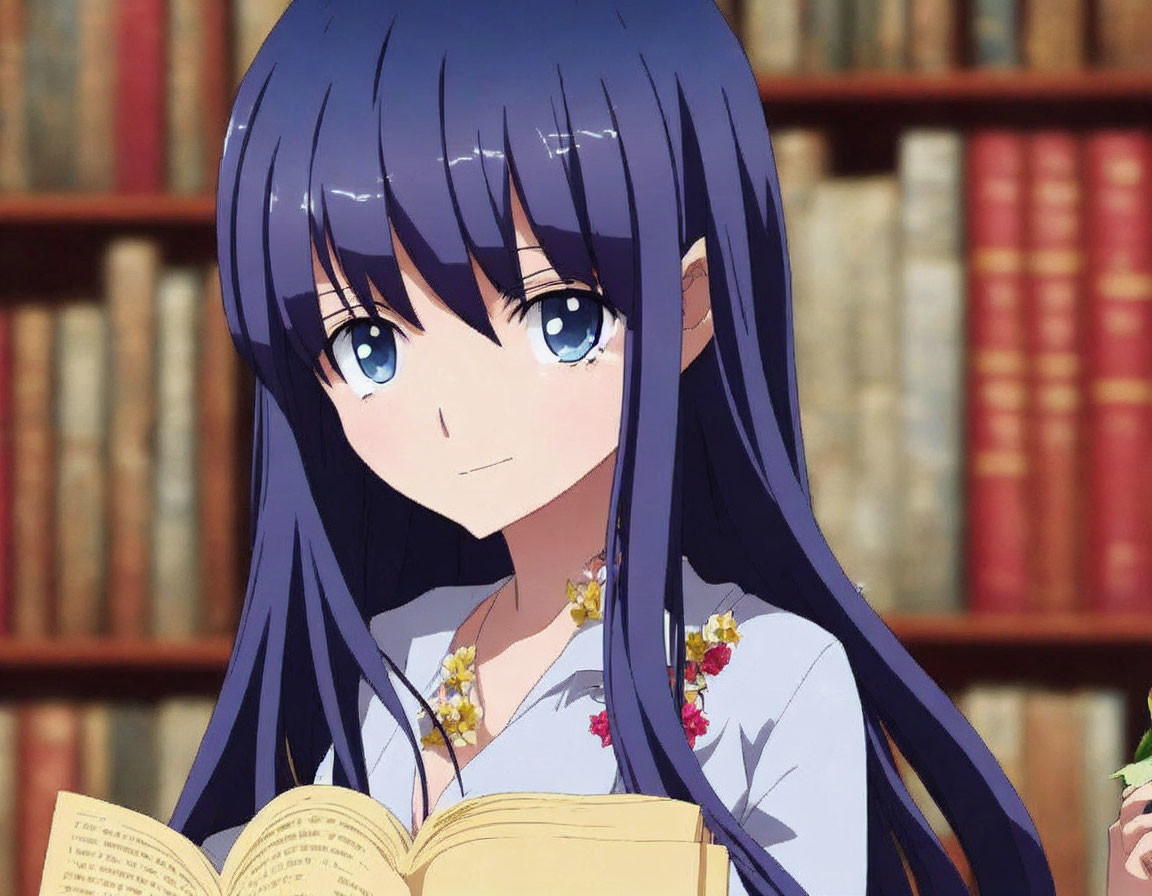 Blue-haired anime girl smiling with book in library