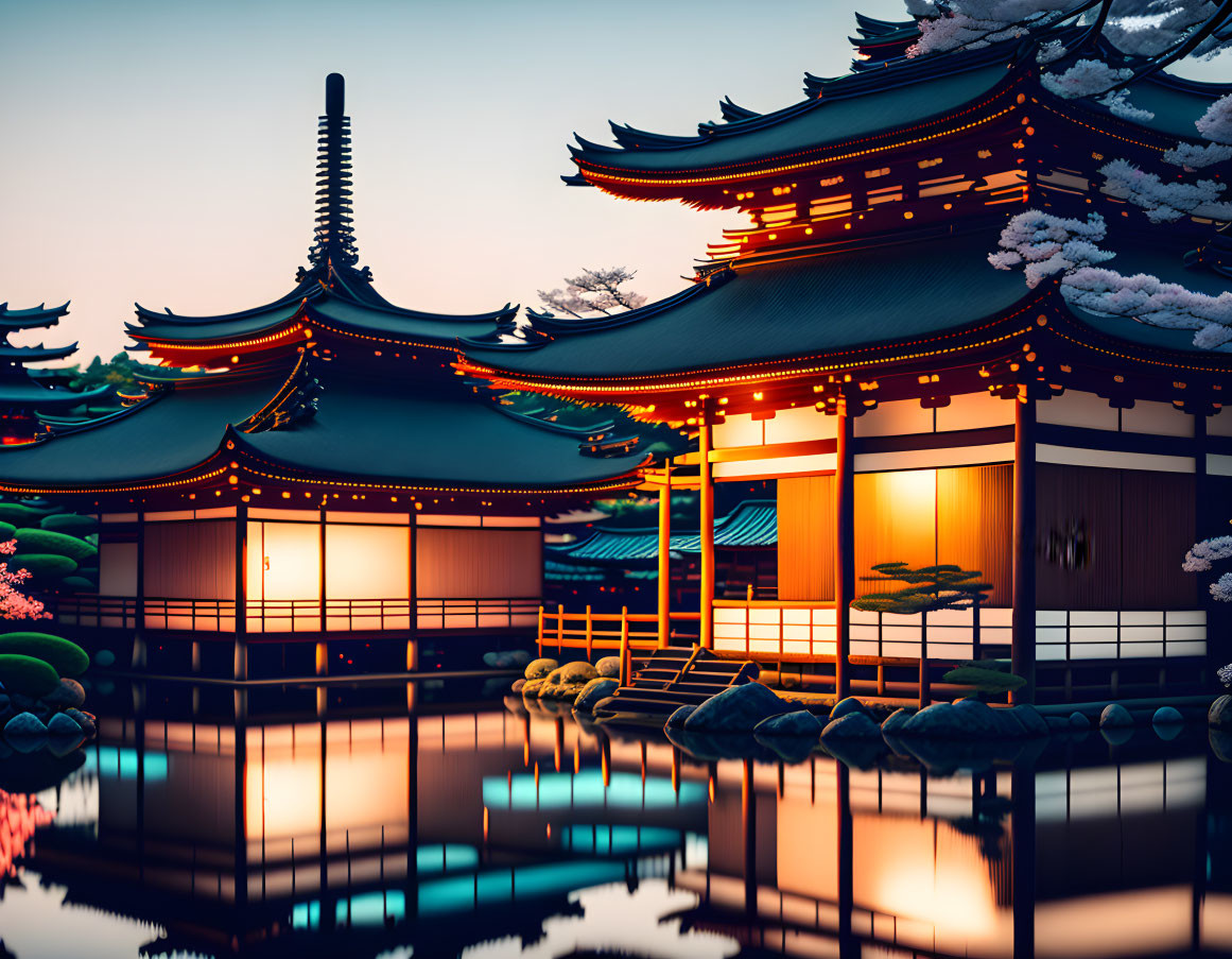 Japanese Pagoda and Garden Illuminated at Twilight Over Tranquil Pond