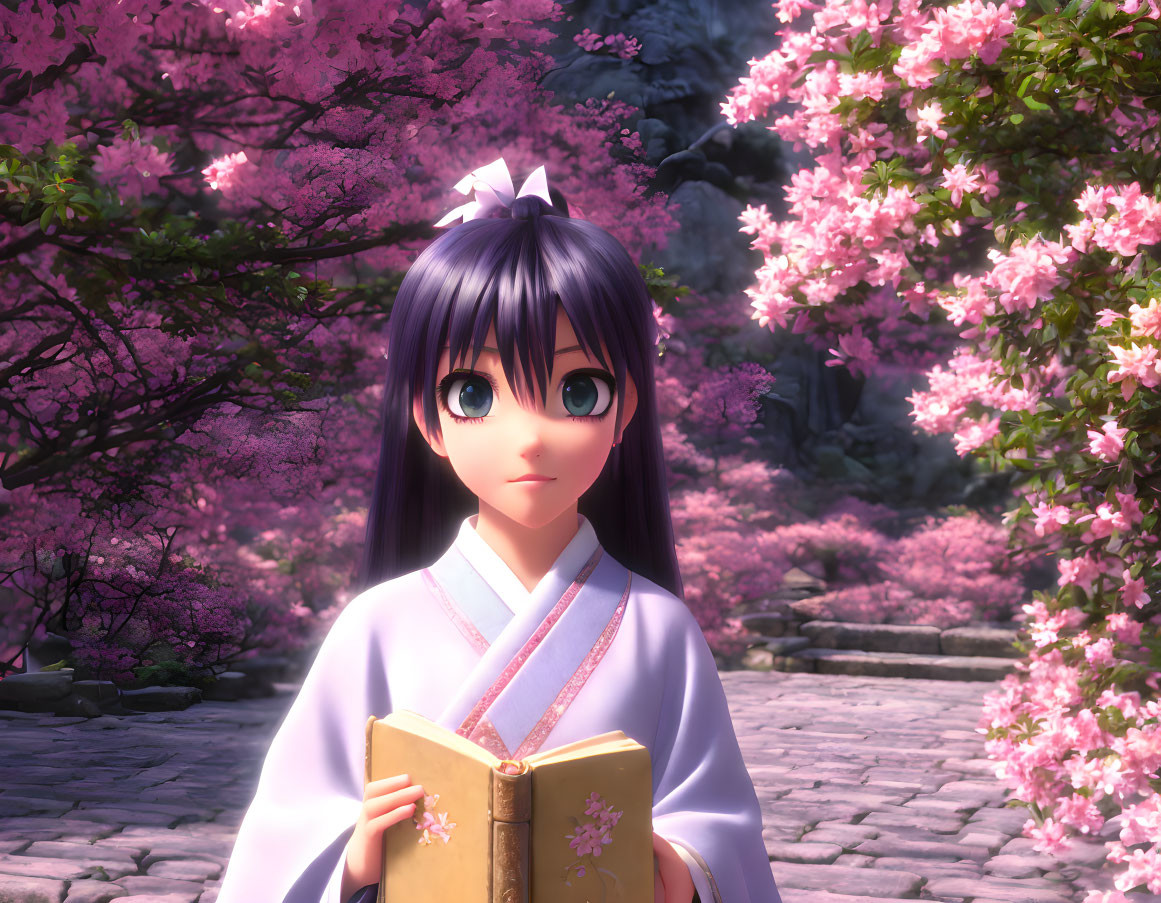 Long Black Haired Anime Girl in Purple Kimono with Golden Book in Sakura Garden