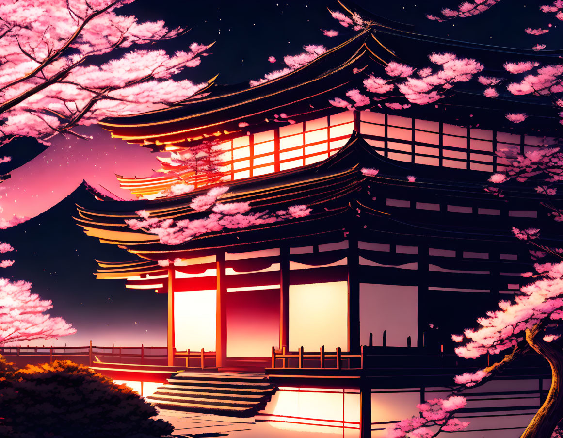 Japanese Pagoda with Cherry Blossoms under Starry Night Sky