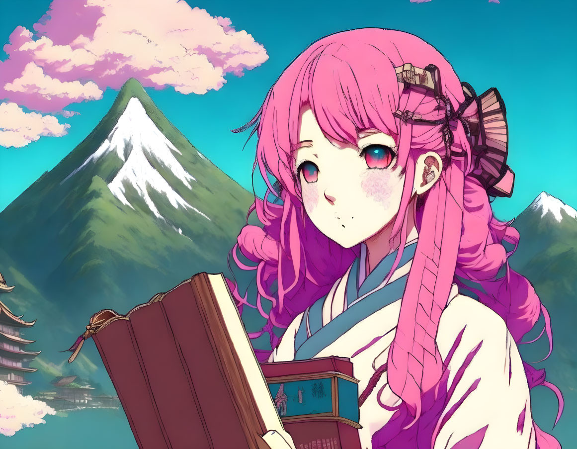 Pink-haired animated girl in traditional outfit holding a book against serene mountain backdrop