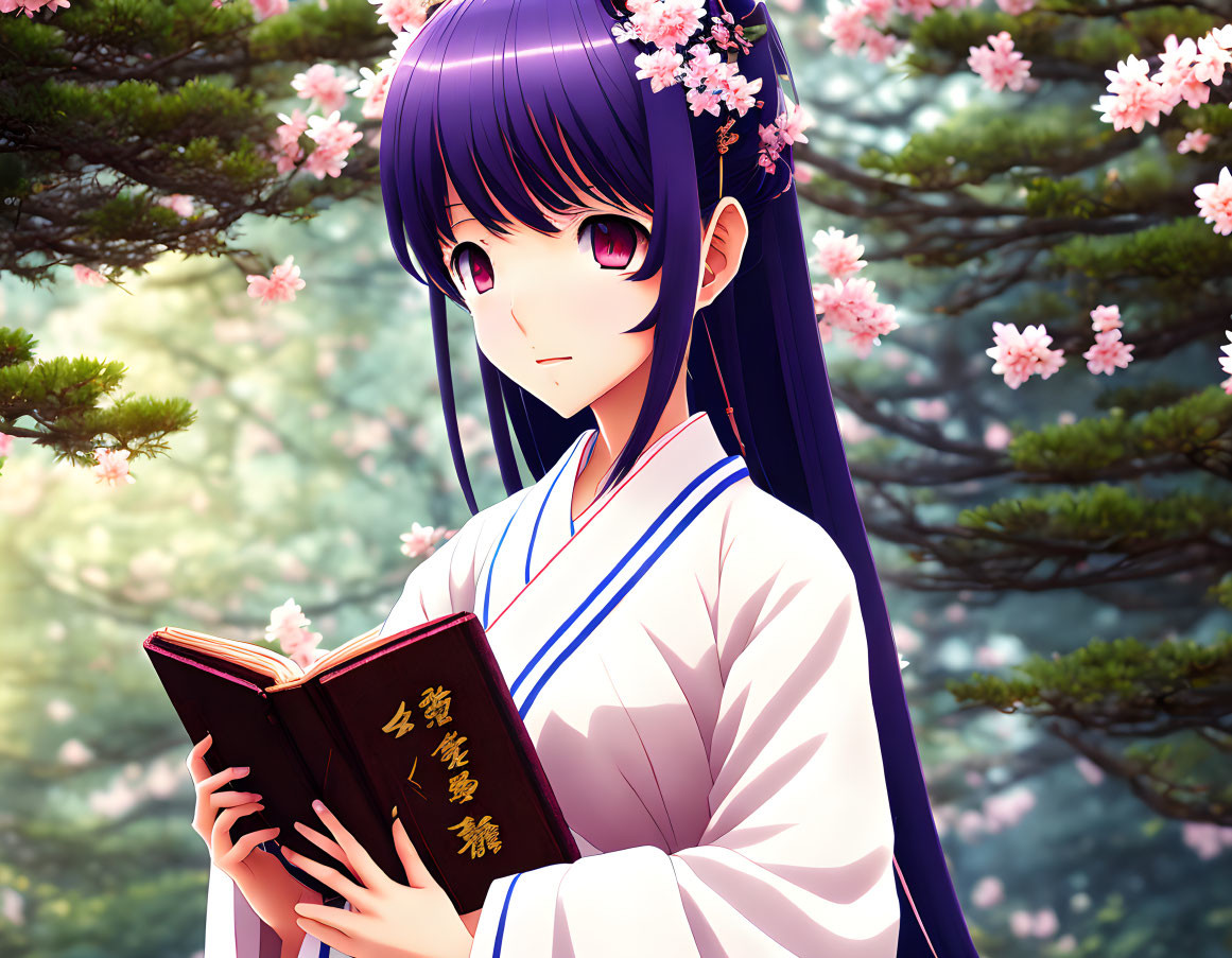 Purple-haired girl in traditional attire reading under cherry blossoms