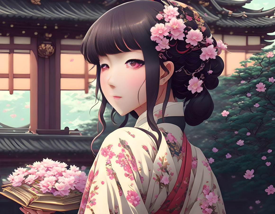 Illustrated girl with expressive eyes and pink flowers in kimono by traditional Japanese building and sakura.