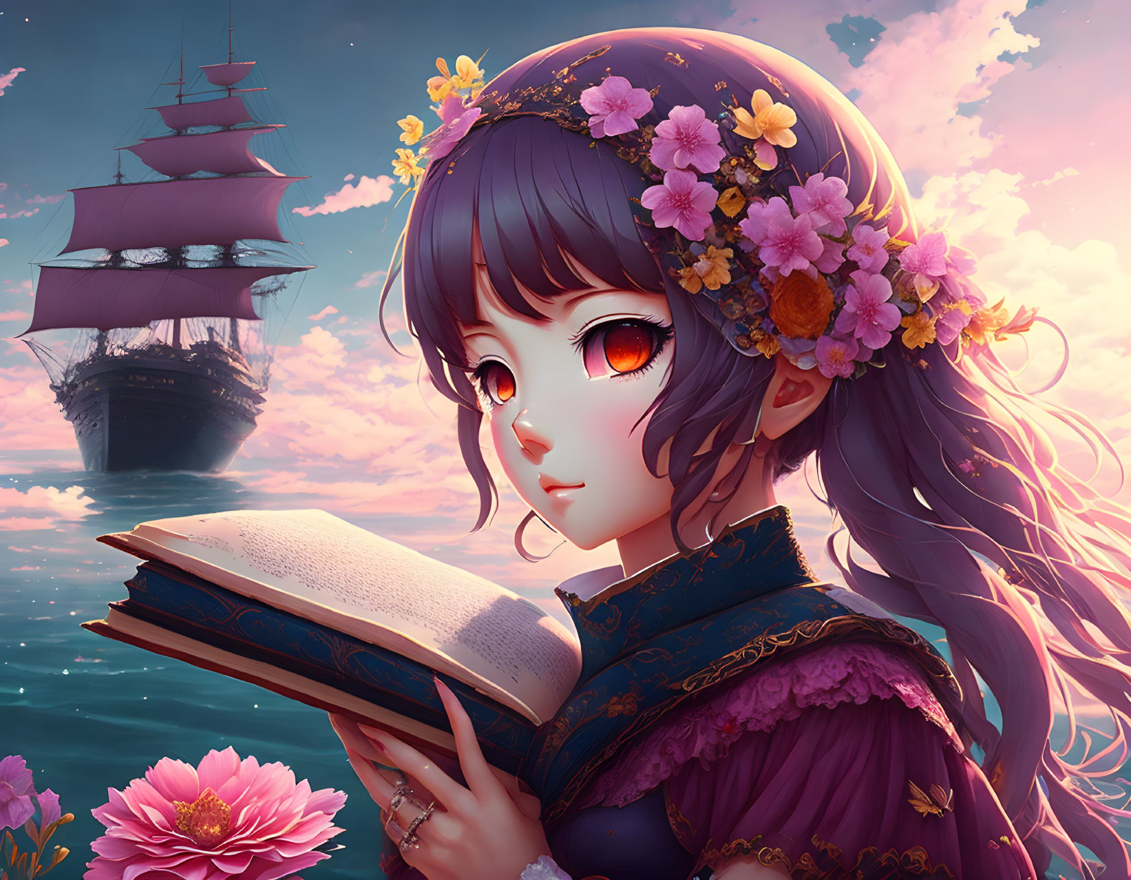 Young girl with floral crown reading book by the sea with ships and pink skies