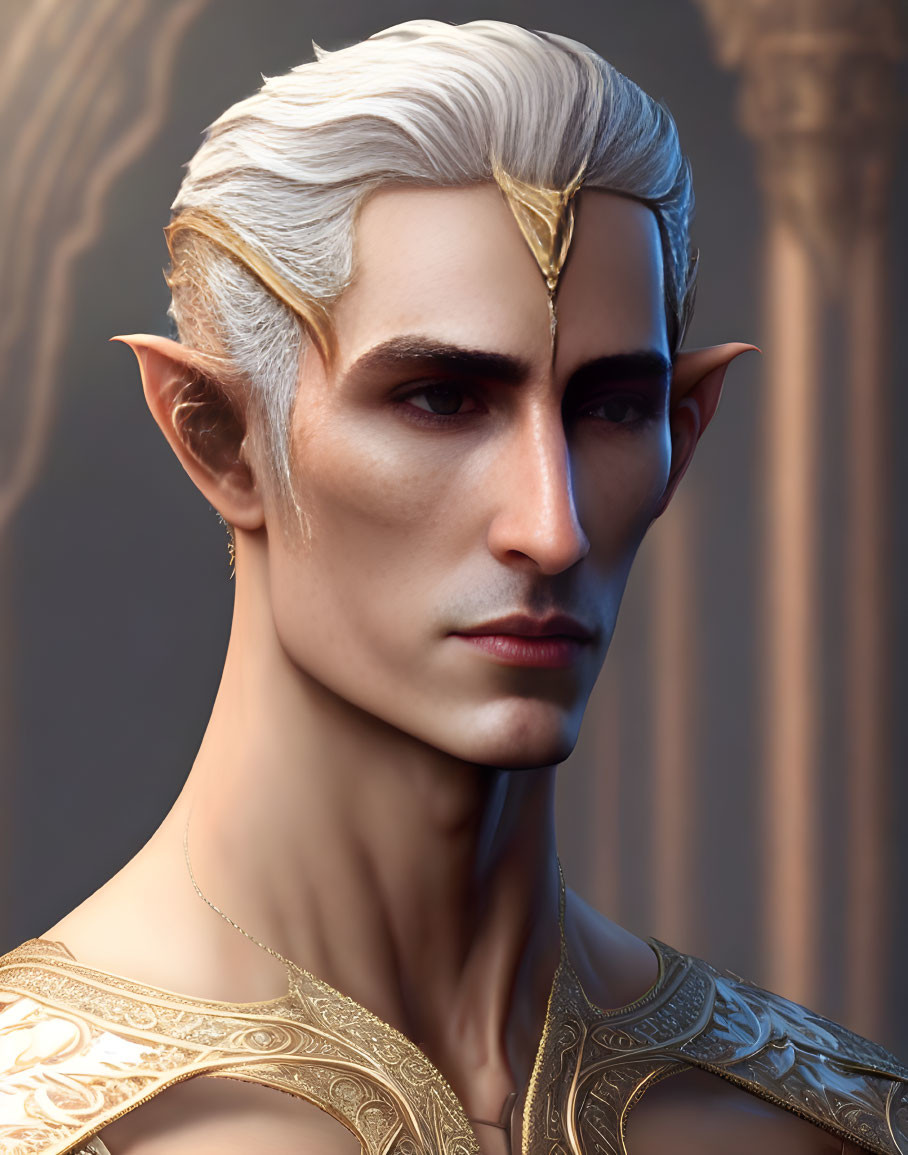 Fantasy male character with pointed elf ears and gold tiara.