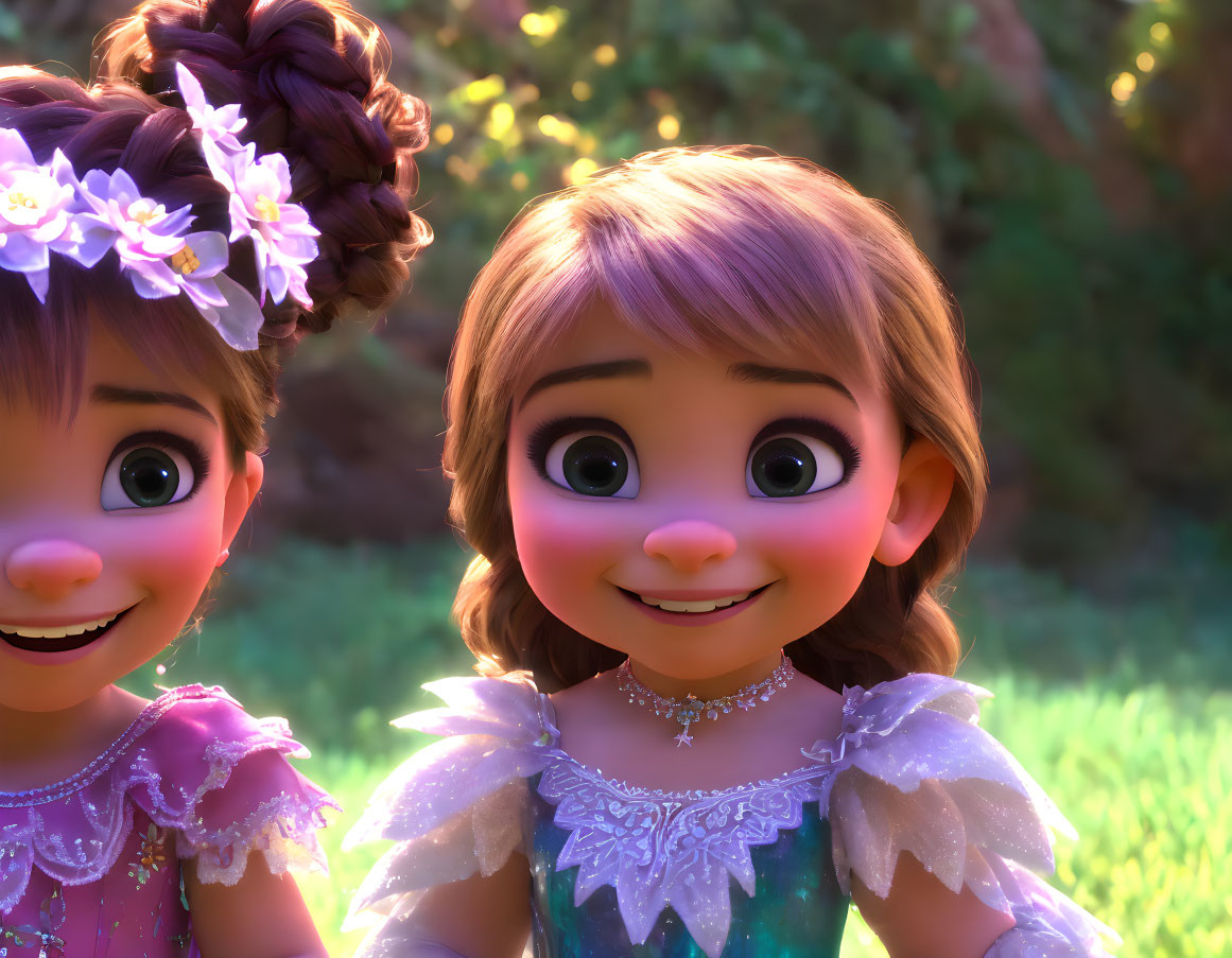 Two smiling animated girls in fancy dresses with flowers, standing close in sunny scenery