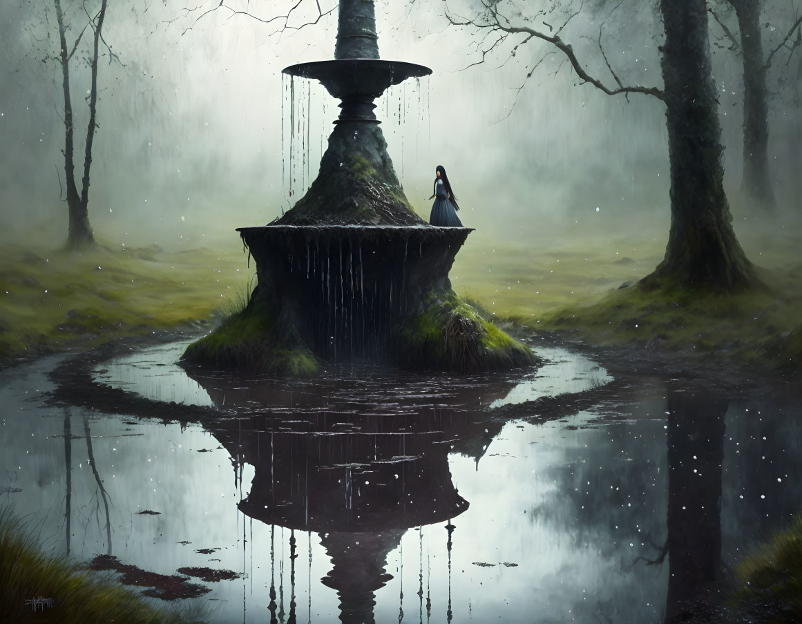 Solitary figure on moss-covered fountain in misty woodland