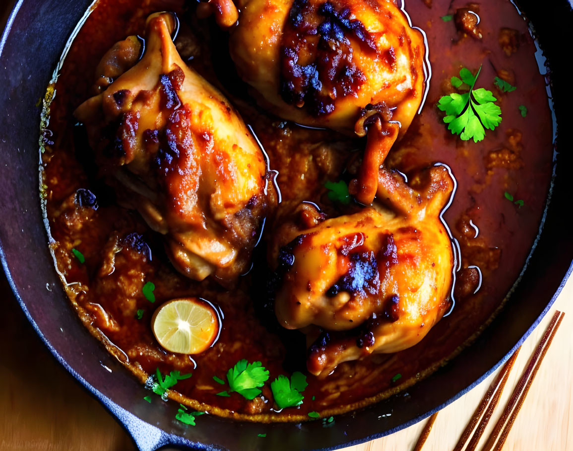 Glazed Chicken Drumsticks in Skillet with Sauce and Garnishes