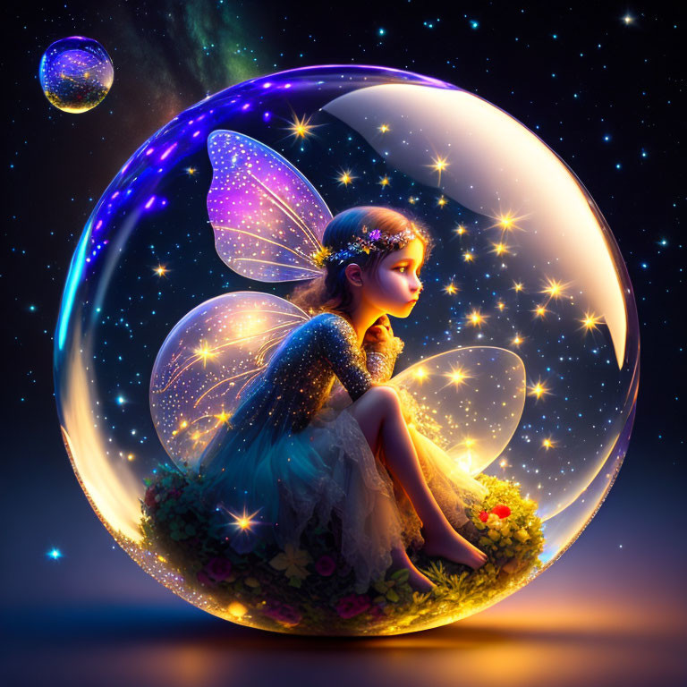 Enchanting fairy in luminous bubble surrounded by stars