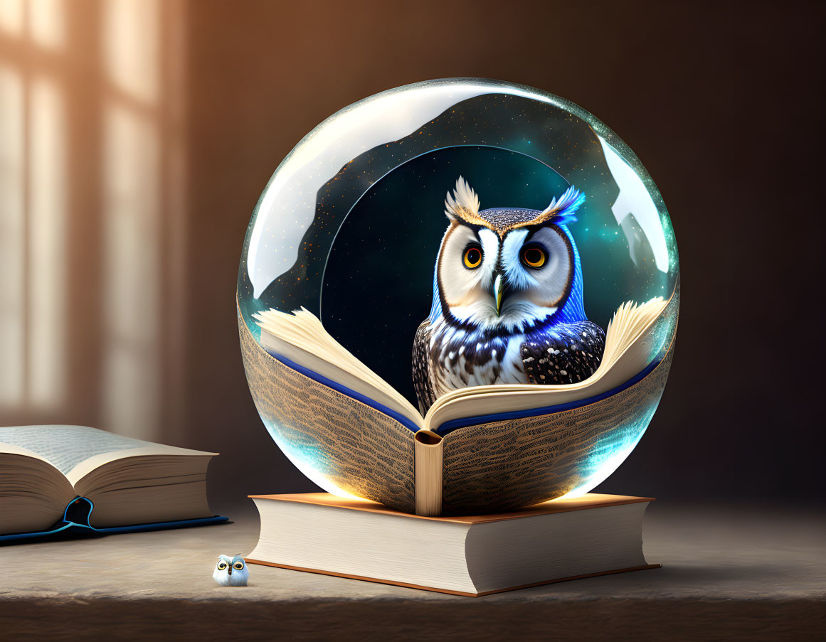 Digital artwork: Wise owl on book in sphere with mouse, warm backdrop