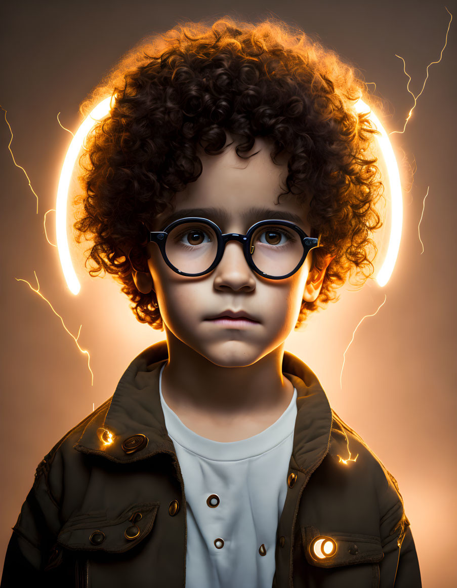 Young child with curly hair and round glasses in front of glowing backdrop with lightning bolts.