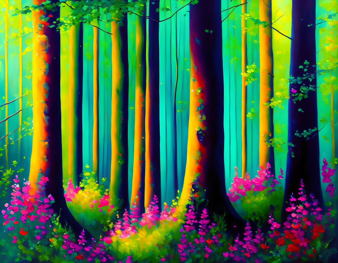 Lively forest scene with vibrant colors and sunlight filtering through