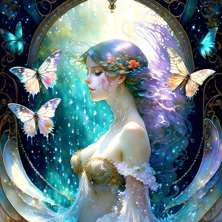 Fantasy illustration: Woman with blue hair, flowers, butterflies, mystical backdrop