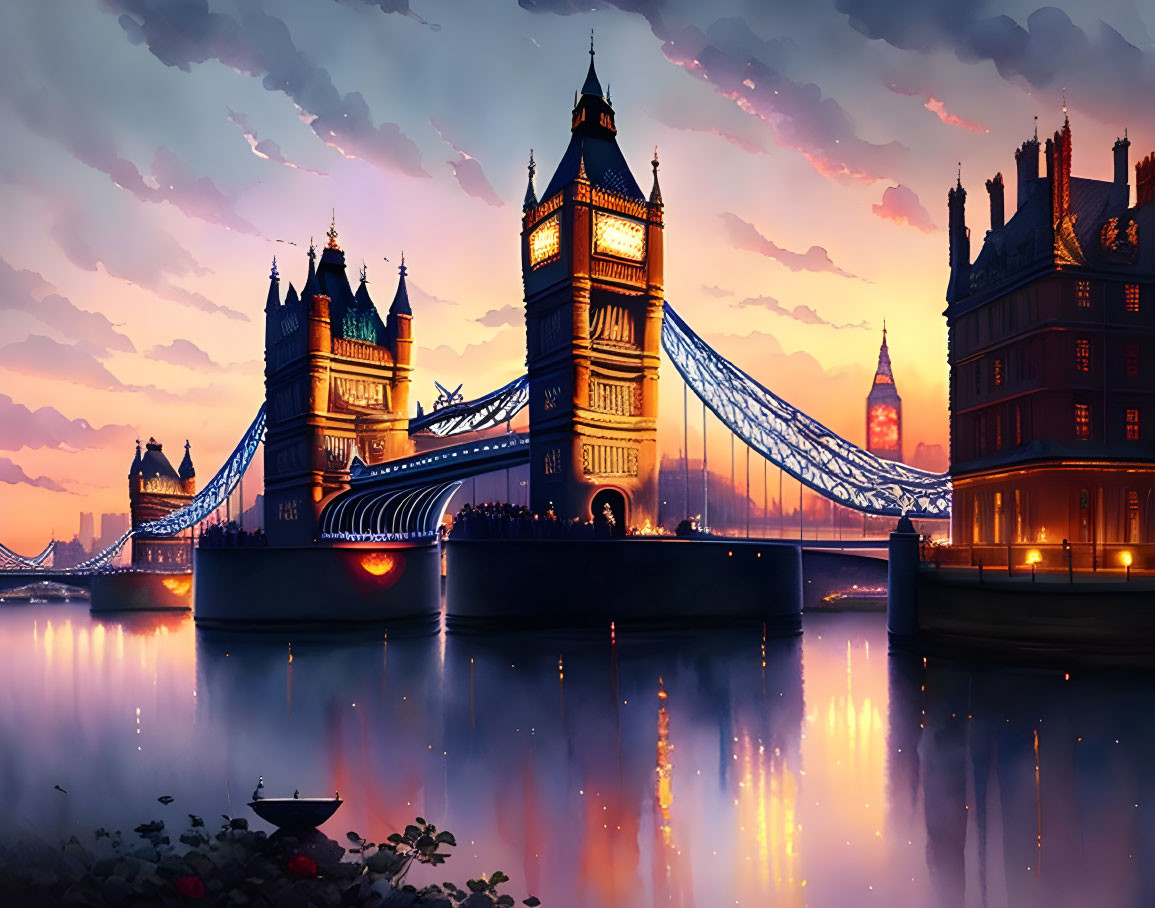 London's Tower Bridge Stylized Illustration at Sunset