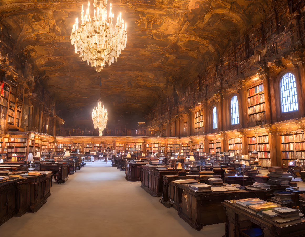 Luxurious Wood-Paneled Library with Grand Chandelier