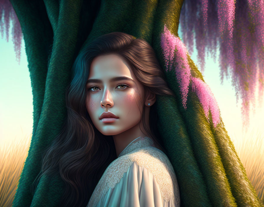 Digital artwork featuring young woman with dark hair peering from tree with pink moss in twilight sky