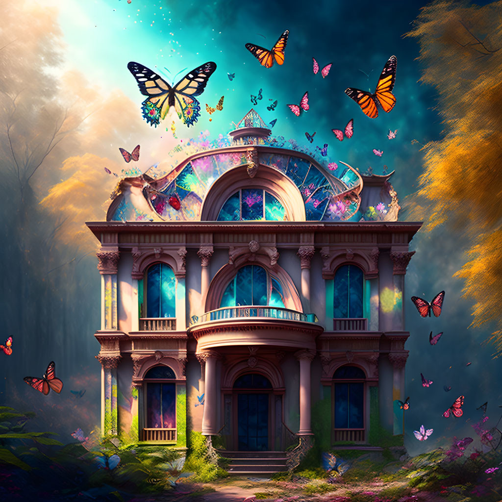 Victorian Mansion in Mystical Forest with Butterflies