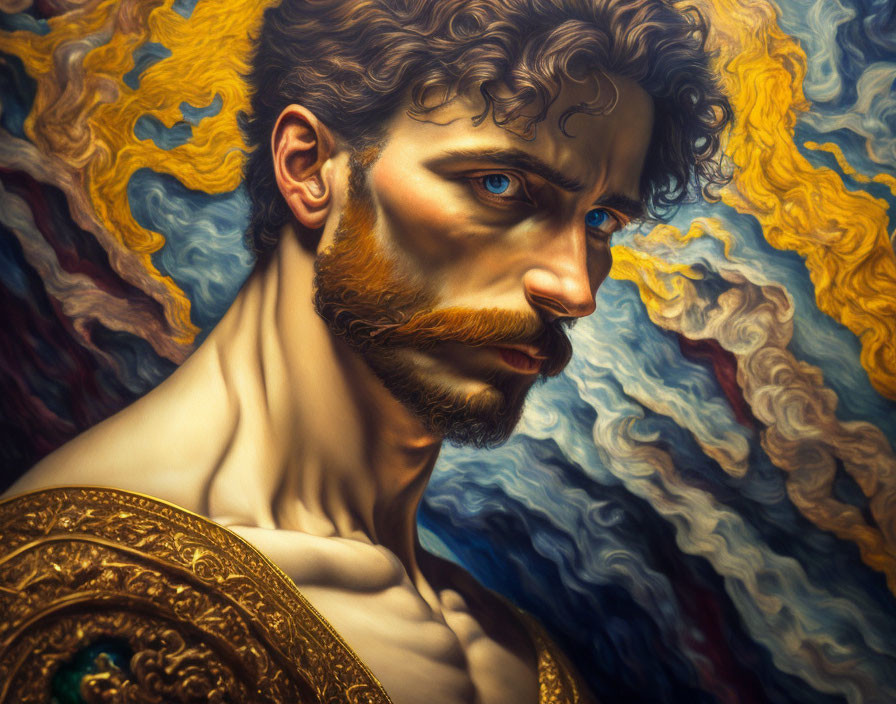 Man with Beard and Intense Gaze in Vibrant Painting