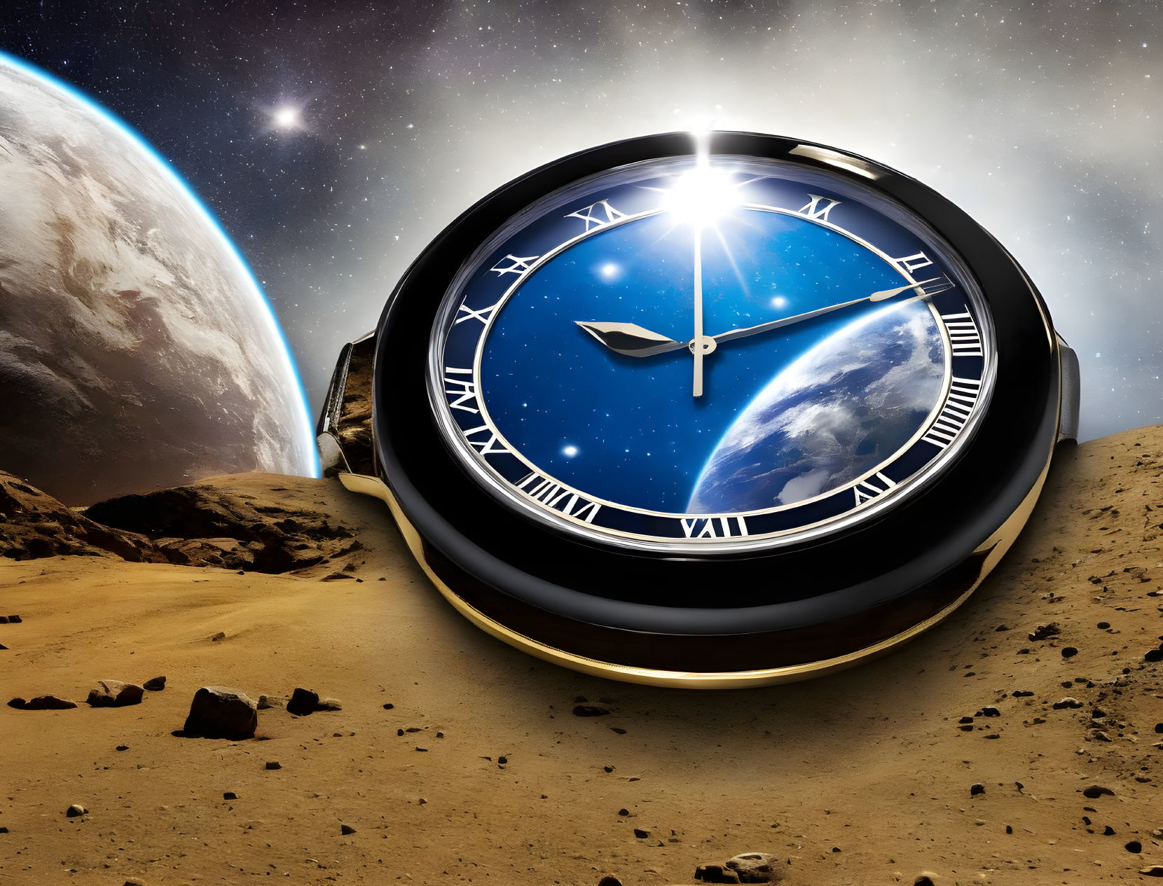 Surreal wristwatch with Roman numerals on Martian landscape