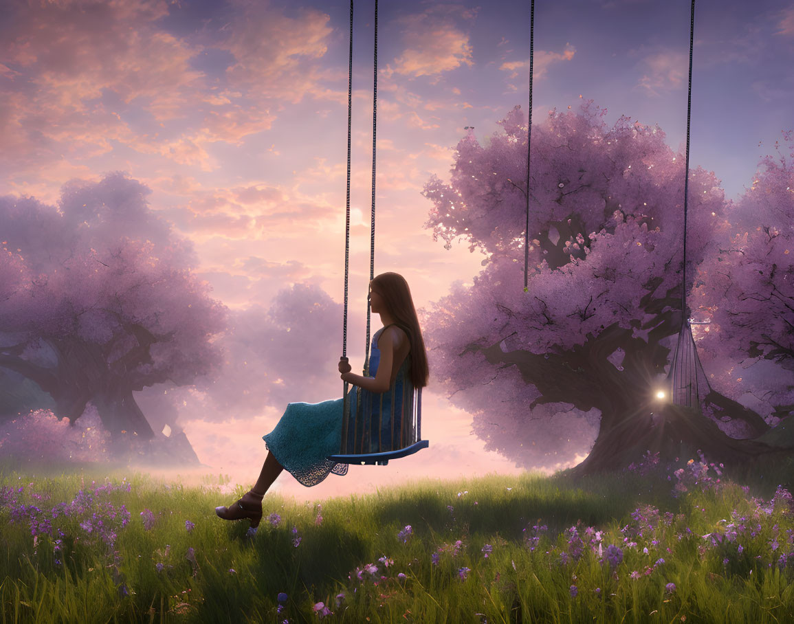 Girl on Swing under Cherry Blossom Trees in Dreamy Purple Meadow at Sunrise