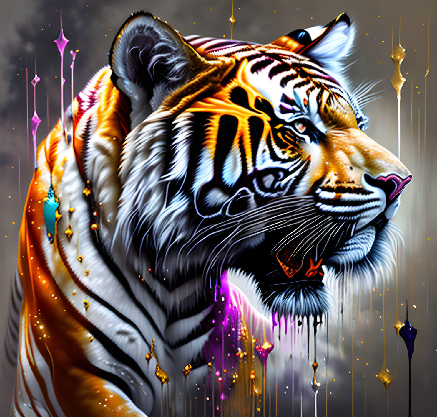 Colorful Tiger Art Against Cosmic Background