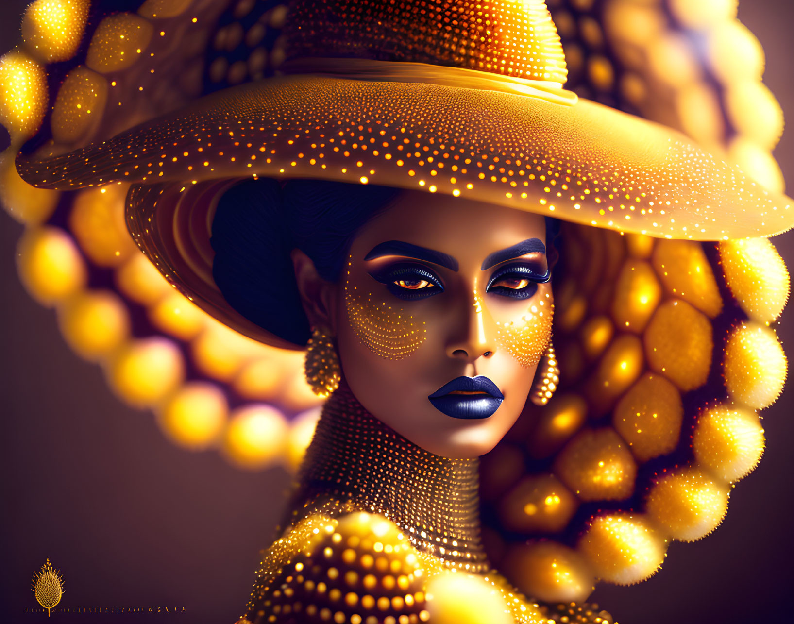 Stylized digital art: Golden-skinned female figure with beaded adornments and textured hat ex