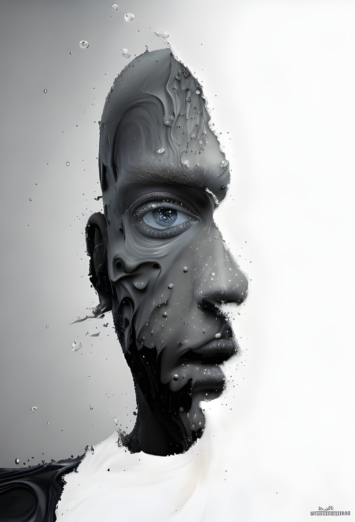 Digital artwork: Human profile with liquid skin and realistic eye